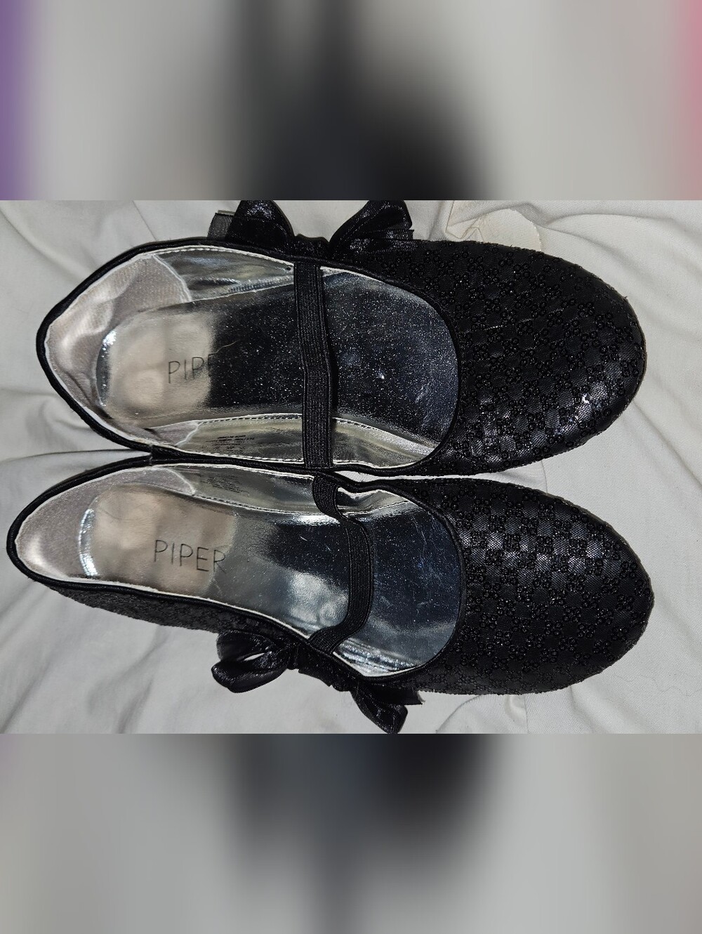 Piper Black Sequin Bow Mary Jane Flats Big Girls Size 1